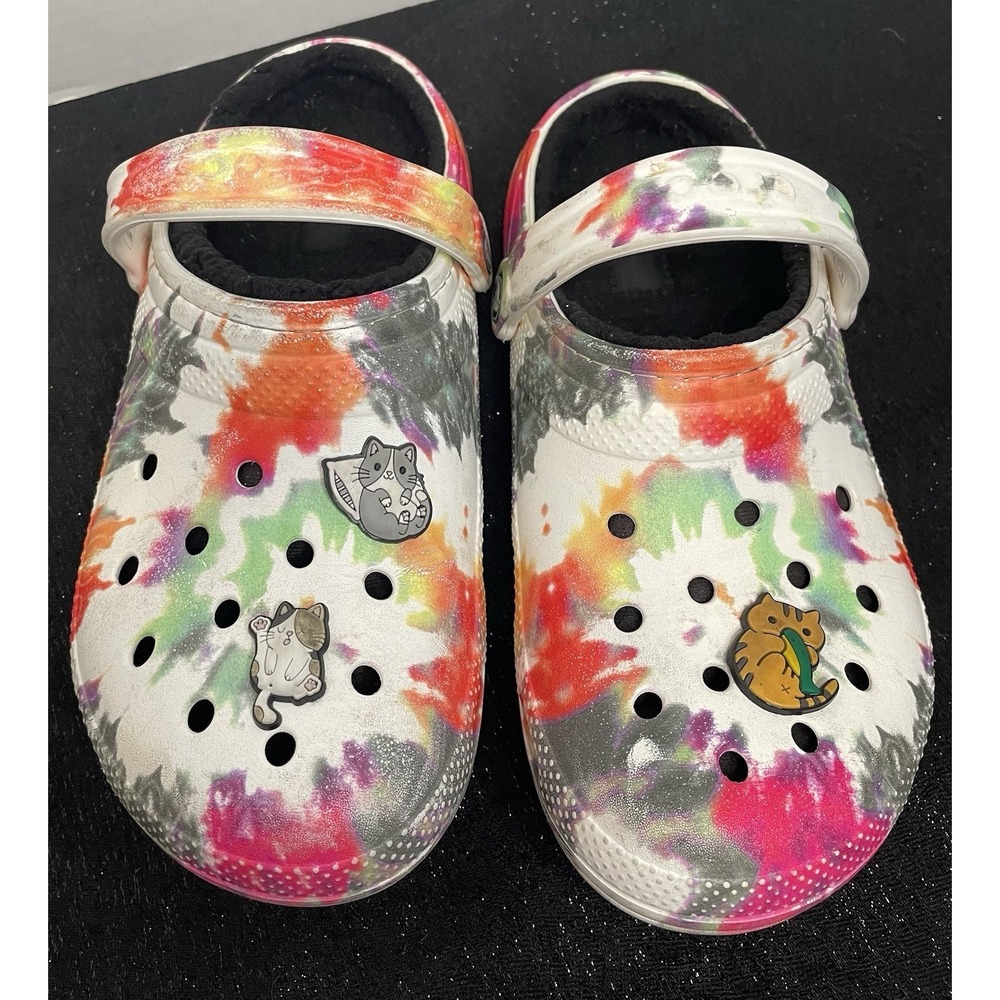 Classic Crocs Tie Dye Clogs Cat Charms Shoes Lined Warm Women's 8 Men's 6 Multi - Picture 2 of 16